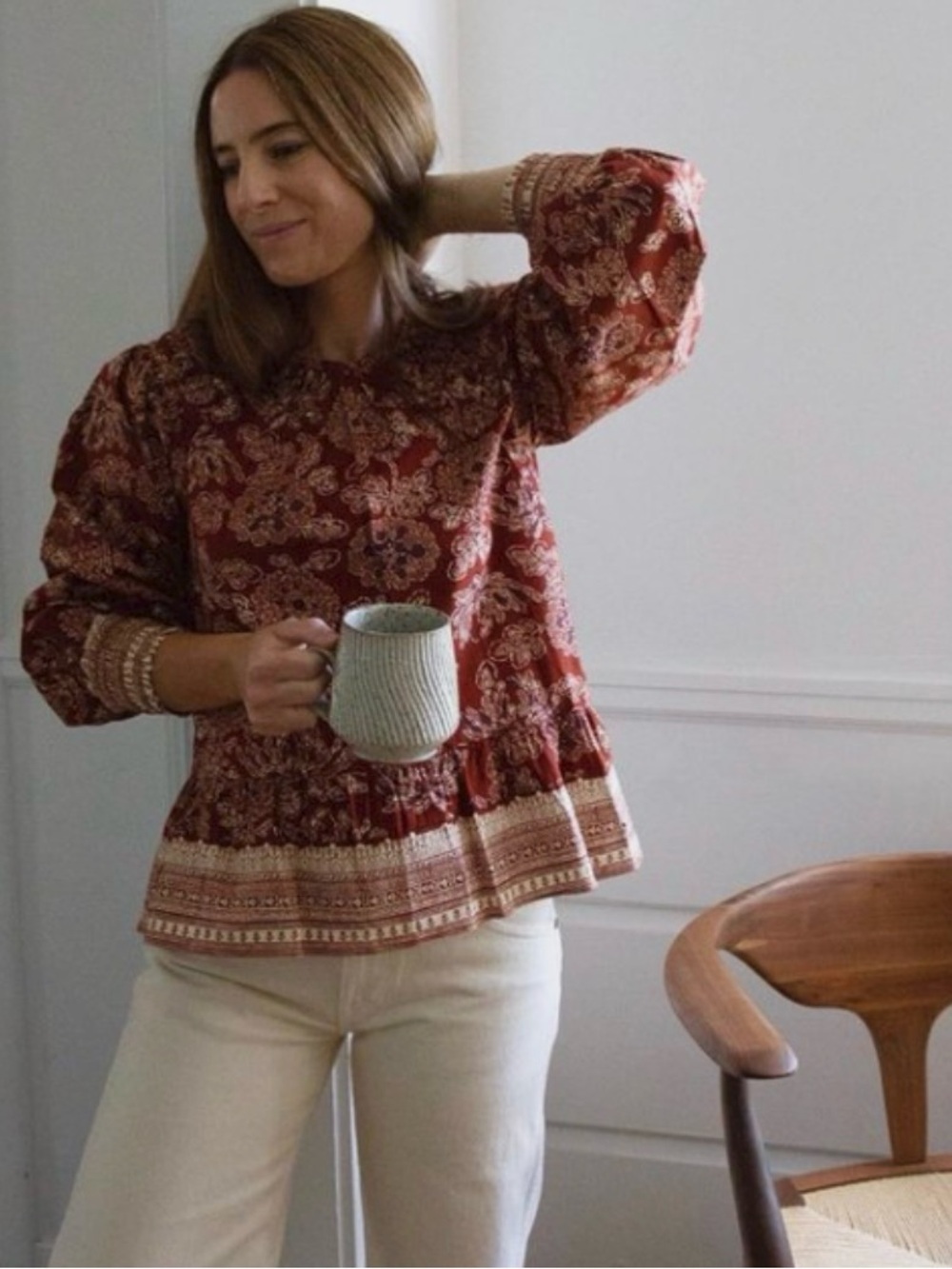 VERONICA BEARD Kester Peplum Top Rust Size 4 Floral